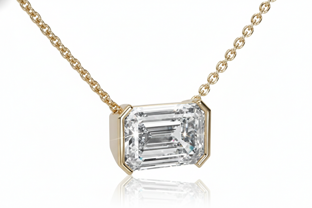 East West Emerald Diamond Half Bezel Pendant