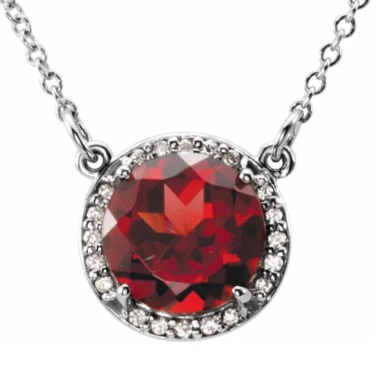 BLACK CHERRY Garnet + Round Diamond Halo Pendant Necklace
