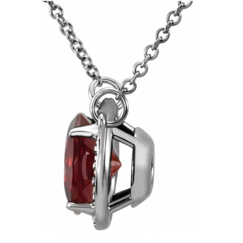 BLACK CHERRY Garnet + Round Diamond Halo Pendant Necklace