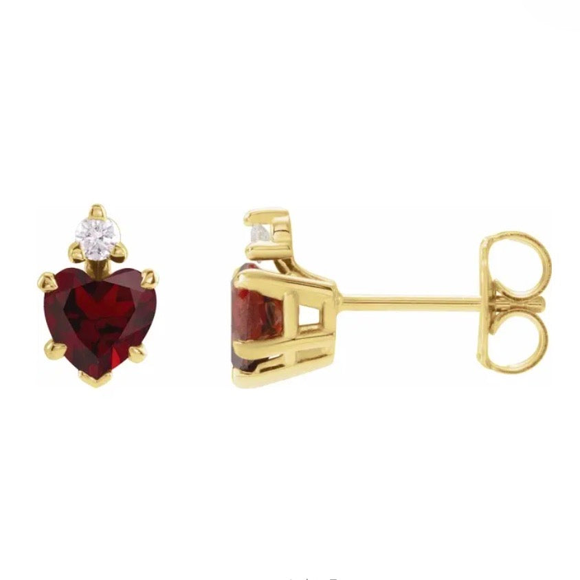 BLACK CHERRY Garnet Heart + Diamond Studs