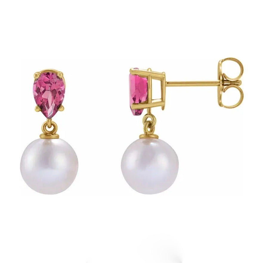 TICKLED PINK Tourmaline + Akoya Pearl Drop Earrings