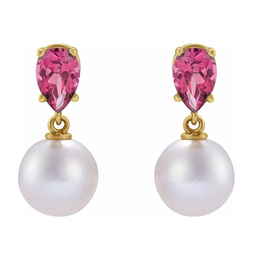 TICKLED PINK Tourmaline + Akoya Pearl Drop Earrings