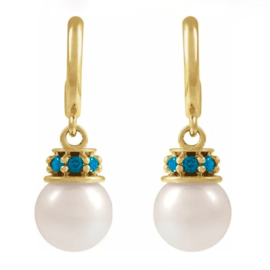 SOMETHING BLUE Blue Topaz + Pearl Drop Hoop Earrings