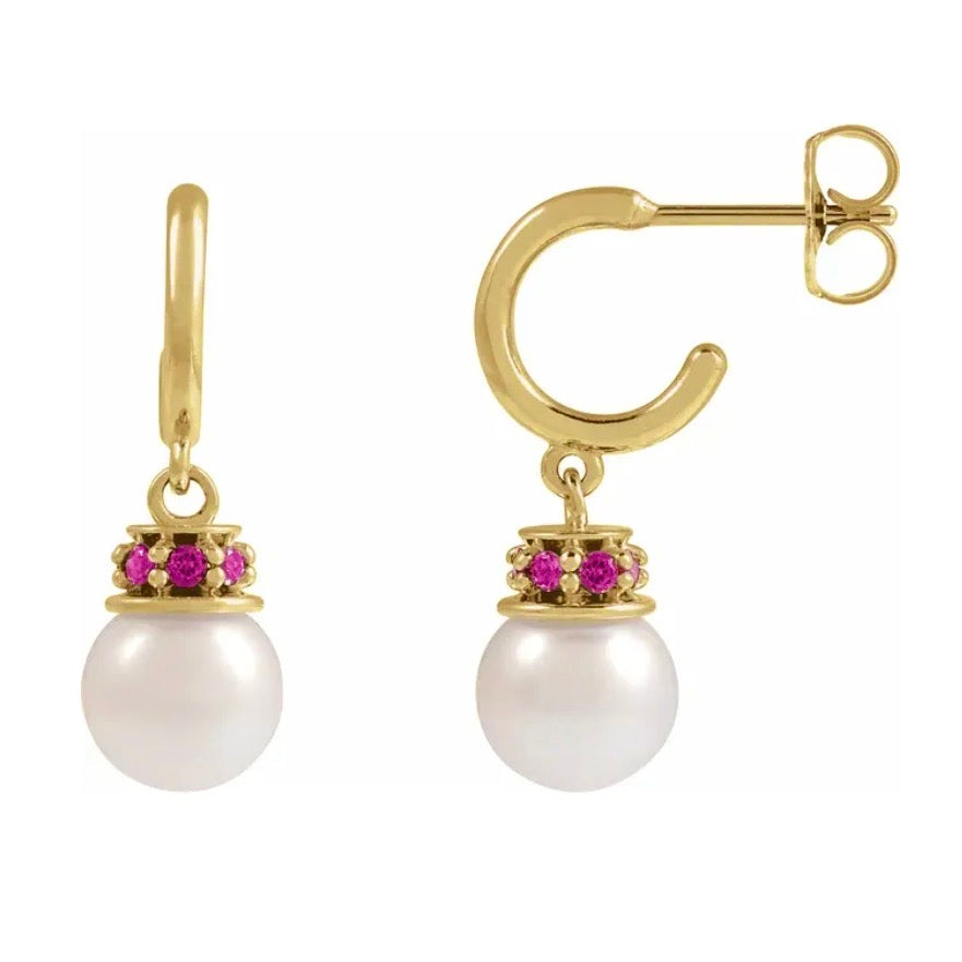 TICKLED PINK Tourmaline + Pearl Drop Hoop Earrings