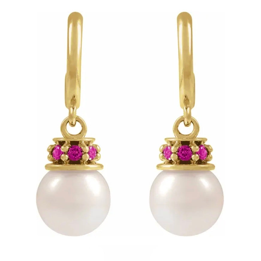 TICKLED PINK Tourmaline + Pearl Drop Hoop Earrings